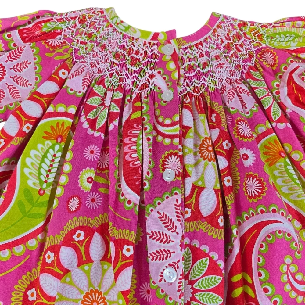 Three Sisters Smocked Floral Paisley Dress Girls 3T Pink Green 100% Cotton
